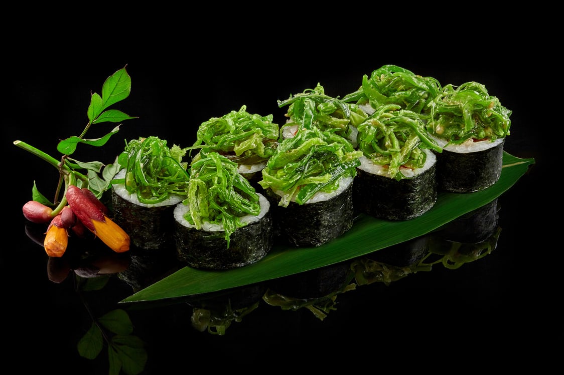 Vegetable Makizushi Rolls with Wakame Seaweed, Asparagus, Bell Pepper