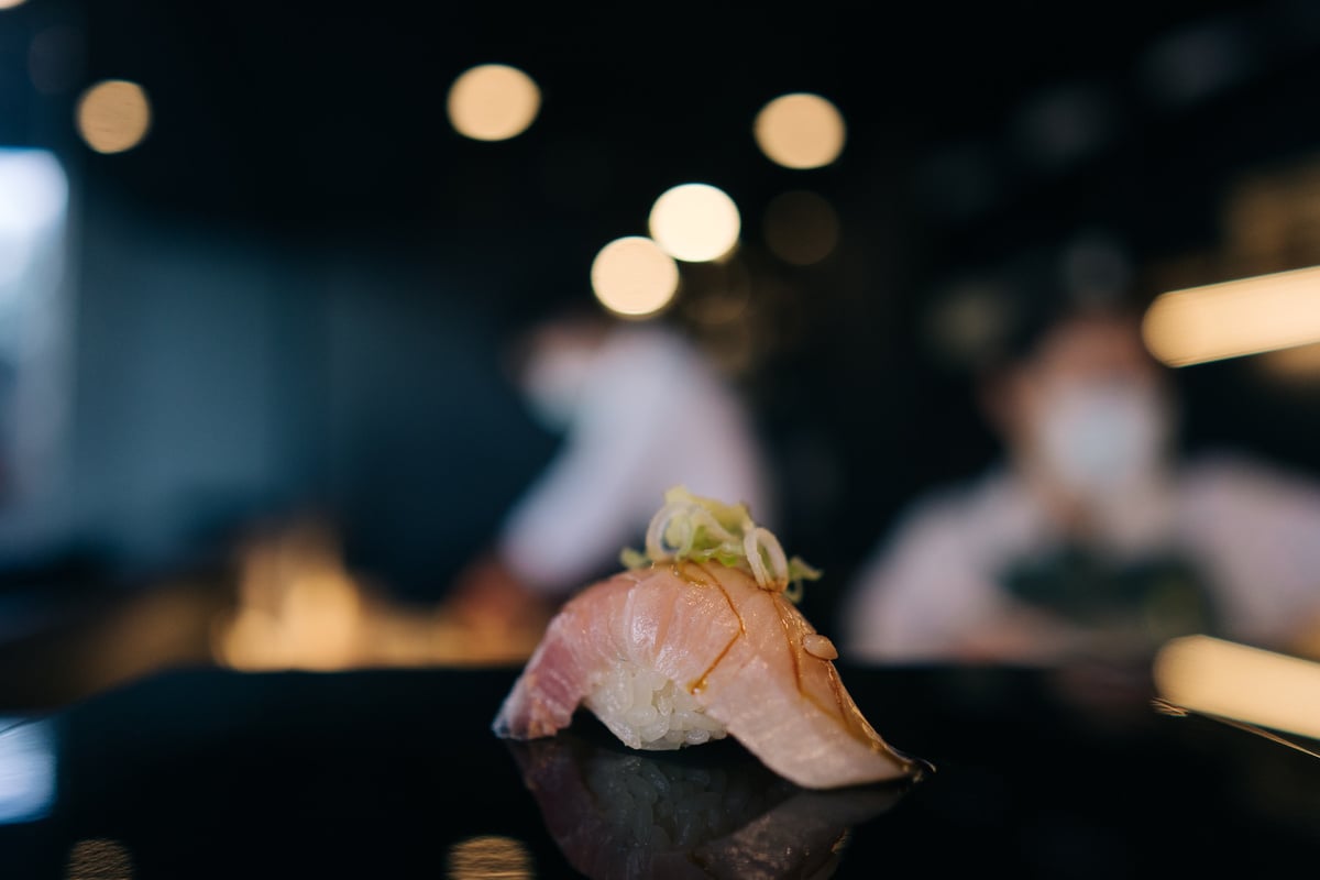 Nigiri Sushi is served in a restaurant Omakase style