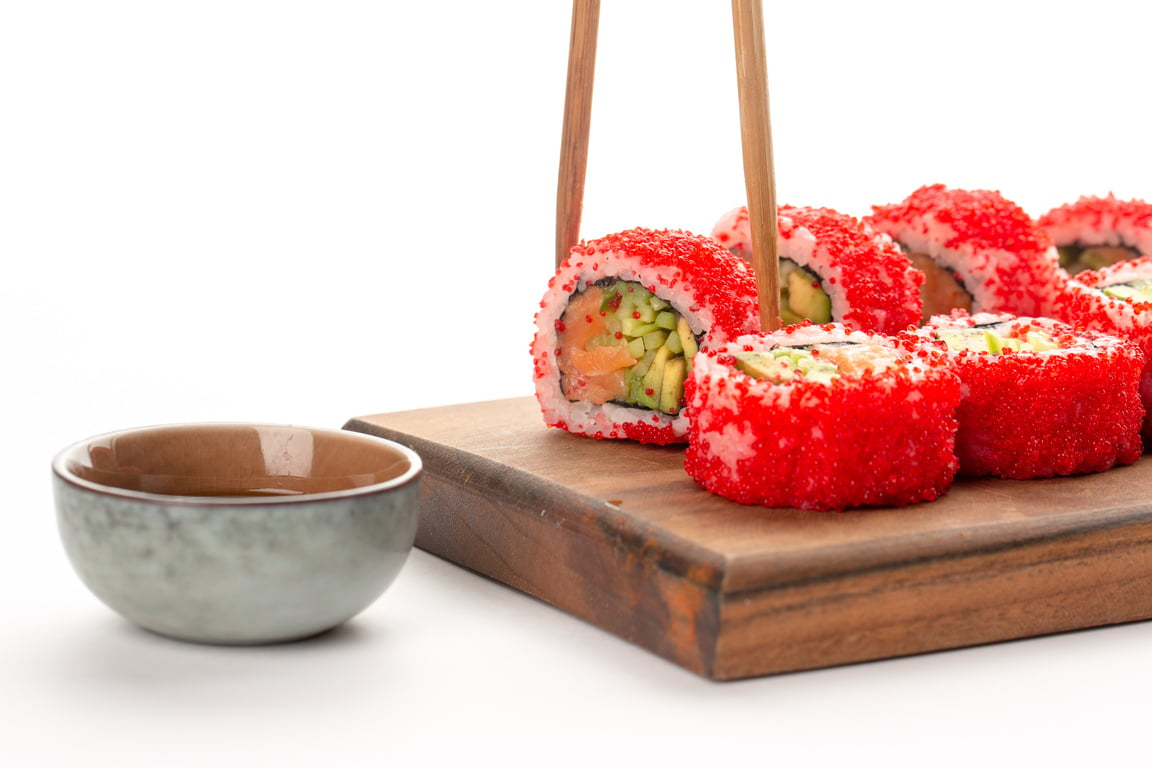 California rolls, covered by red caviar